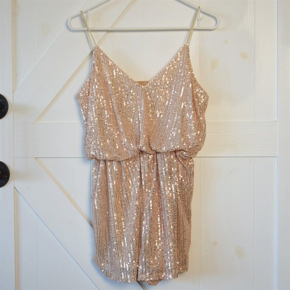 Double Crazy Sequin Cami Romper v neck rose gold apricot sparkle sexy size M - Picture 2 of 5